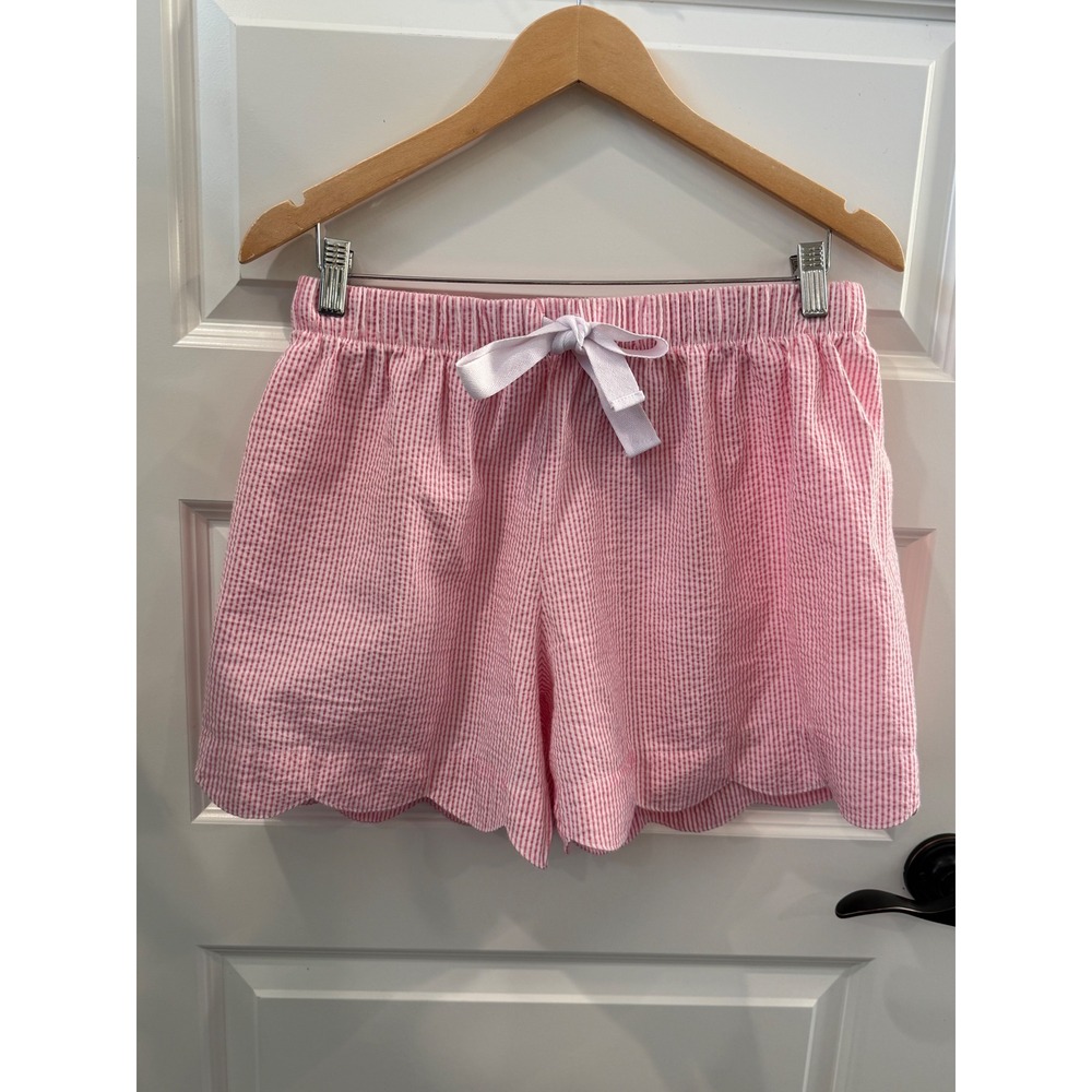 Ellie O Pink White Seersucker Scalloped Hem Shorts Womens Large Preppy Coastal
